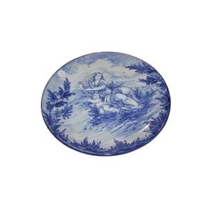 Italian Blue And White Ceramic Plate – Early 1900s, Allegorical Scene With Putto And Lady