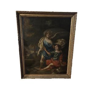 Peinture à l’Huile Française de la Fin du XVIIe Siècle – Ange Gardien, Art Baroque Religieux