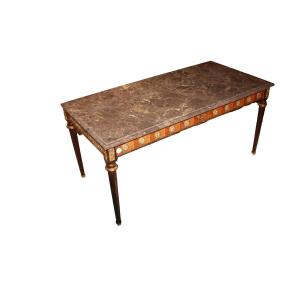 French Low Table Louis XVI – Mahogany, Marble Top, And Painted Porcelain, Early 20th Century