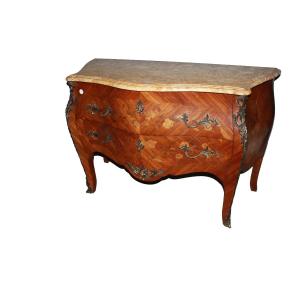 French Louis XV Chest Of Drawers In Bois De Rose With Marquetry And Marble Top – Late 19th Cent