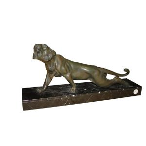 French Art Deco Bronze Panther Sculpture On Marble Base – Early 20th Century