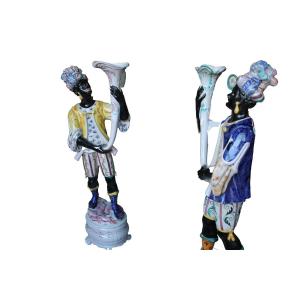 Pair Of Italian Moorish Ceramic Lamp Figures, Early 20th Century (hand-painted)