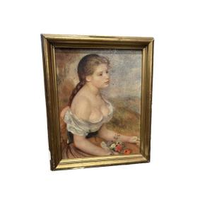French Oil Painting Of A Young Girl – Early 20th Century With Original Frame