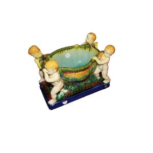 Italian Caltagirone Polychrome Ceramic Centerpiece With Putti, Early 20th Century