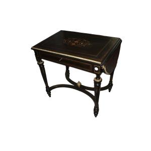 Antique French Boulle Style Drop-leaf Table In Ebonized Wood With Brass And Mother-of-pearl Inl