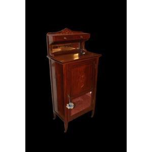 Low Victorian Display Cabinet From The Second Half Of The 1800s, Made Of Rosewood With Inlays And A Raised Back Panel