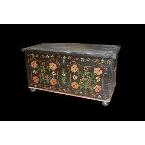 Small Blue-lacquered Tyrolean Chest With Floral Motifs, 1800s