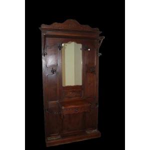 Porte-manteau mural ancien français style provençal en chêne avec miroir, restauré, XIXe siècle
