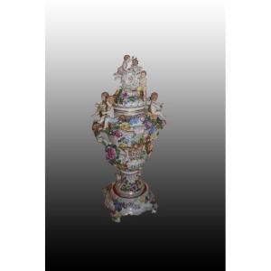 Spectacular Large Dresden Porcelain Centerpiece Vase, Richly Decorated