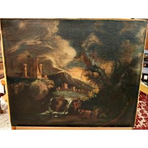 Oil On Canvas Depicting A Tower And A Lake
