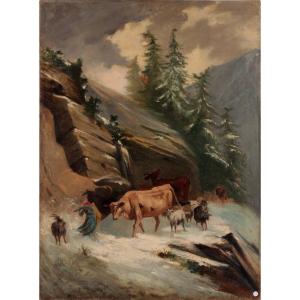 Huile sur toile animaux dans la tempête paysage de montagne