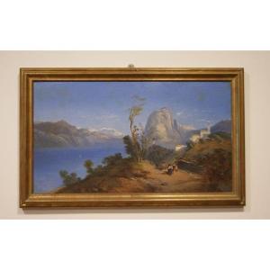 Oil On Canvas Depicting A Mountain Landscape With A Lake