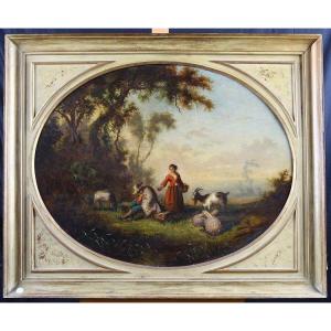 Oil On An Oval Panel With A Pickled Lacquered Frame