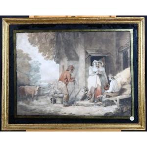 Aquarelle anglaise antique des années 1800 représentant la vie agricole
