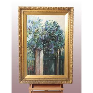 Huile sur toile ancienne du début des années 1900 représentant un jardin arboré