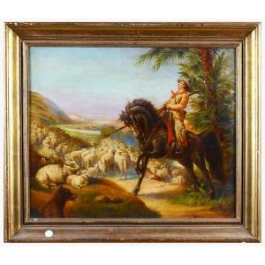 Huile sur toile anglais huile sur toile, signé berger avec troupeau