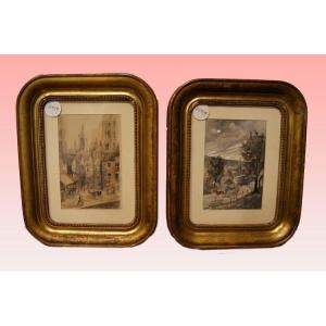Pair Of French Watercolors
