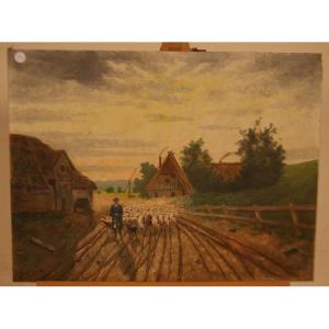 Huile sur toile du 19ème siècle, berger avec troupeau de moutons