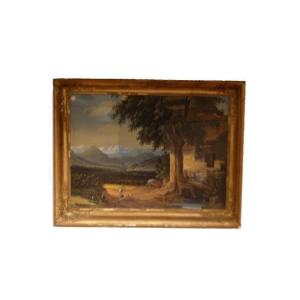 Aquarelle française ancienne de 1800 Paysage avec personnages
