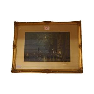Aquarelle ancienne de 1800, vue nocturne d'une ville, signée