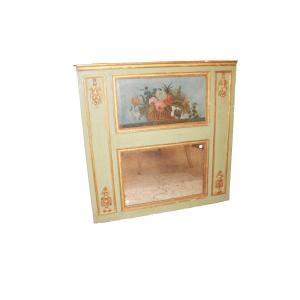 Miroir italien ancien avec panneau floral peint et cadre doré, seconde moitié XIXe siècle