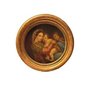 Madonna Della Seggiola – Old Oil Painting On A Round Canvas In Its Original Gilded Frame