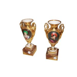 Pair Of Old Parisian Porcelain Vases With Portraits, 19th Century