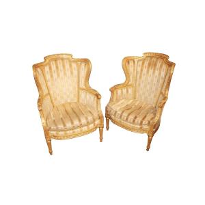 Pair Of Louis XVI-style Bergère Chairs With Winged Backs, Made Of Gilded Wood, Second Half Of The 19th Century