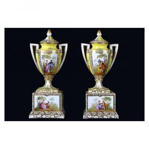 Pair Of Small Porcelain Amphora Vases With Lid, Dresden Manufacture 1800