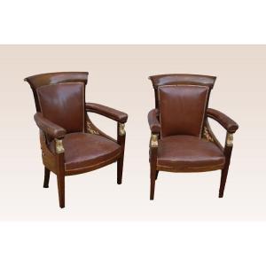 Three Mahogany Empire Armchairs With Rich Bronze Applications From The 1800s