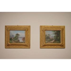 Pair Of English Oils On Cardboard English Landscapes From 1900