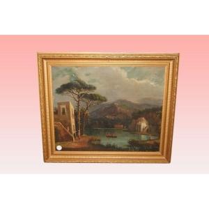 Oil On Canvas Late 1800s Landscape With River And Mountains
