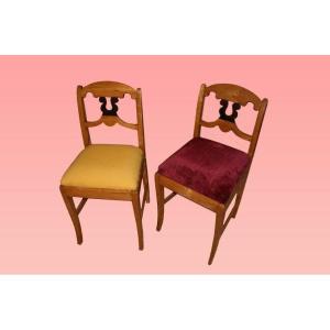 Group Of 6 Biedermeier Chairs From The 1800s In Birch Covered With Various Fabrics