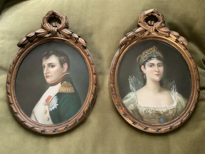  Pastel paire de Portraits  de Napoléon Bonaparte et Joséphine-photo-1