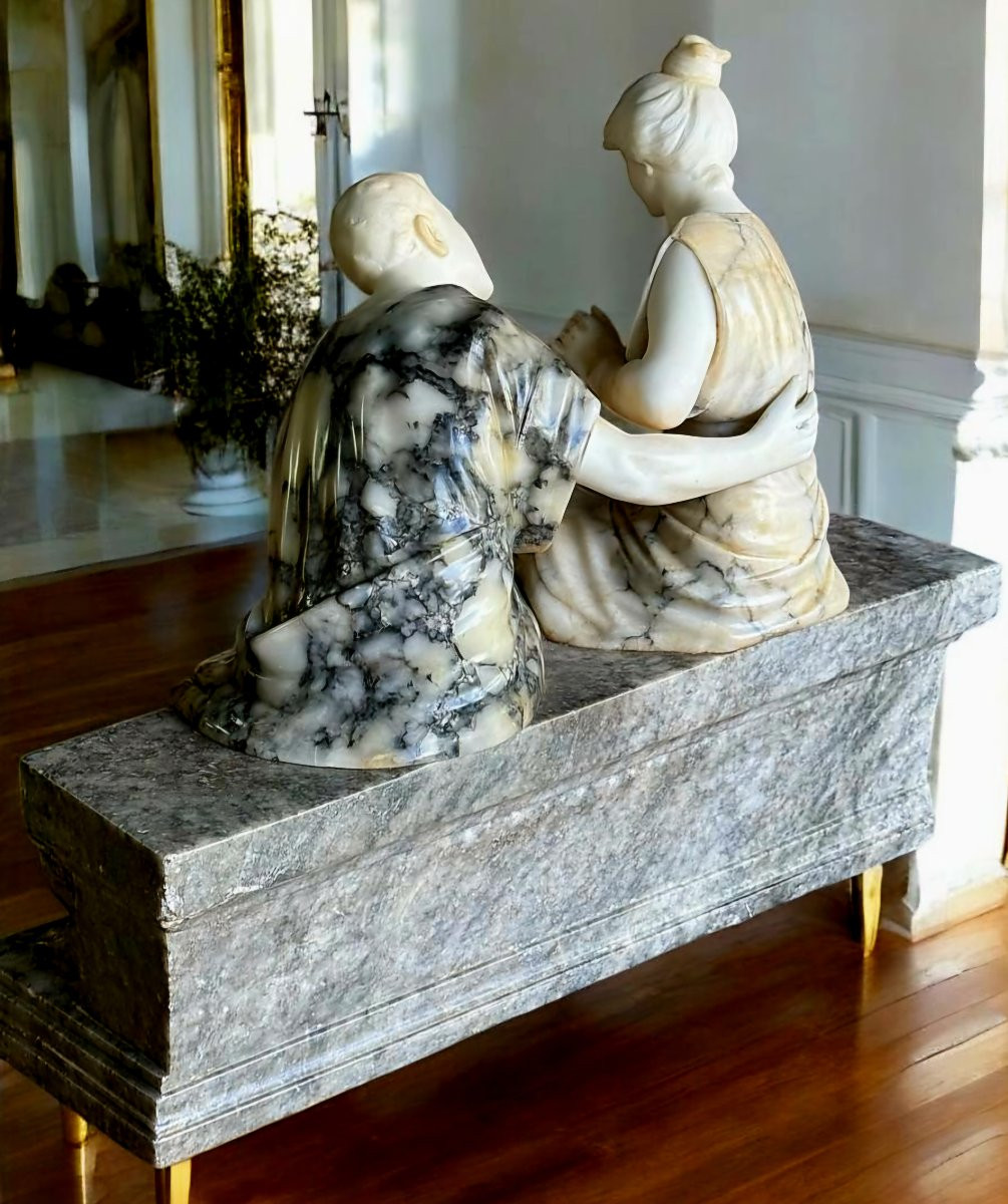 Statue Représentant Deux Jeunes Enfants Amoureux En Marbre Carrara , Pugi (1850) -photo-4
