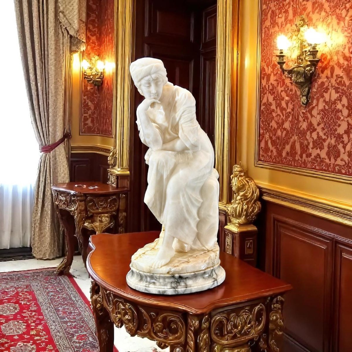 Statue représentant une femme assise, une main sur le menton, Carrara Marbre -photo-4