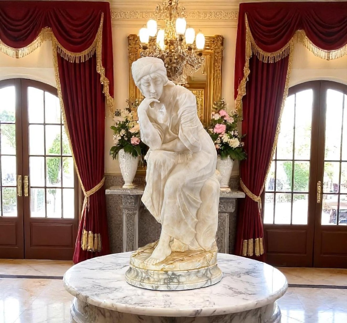 Statue représentant une femme assise, une main sur le menton, Carrara Marbre 
