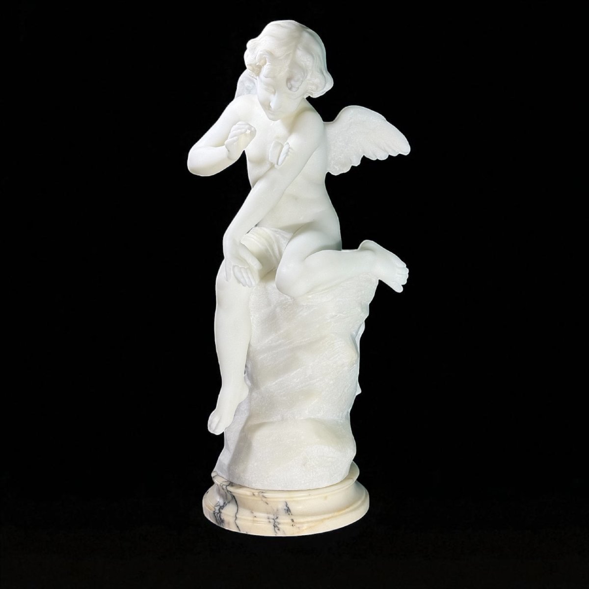 Statue Little Angel Playing With A Butterfly, Carrara Marble, Guglielmo Pugi-photo-4