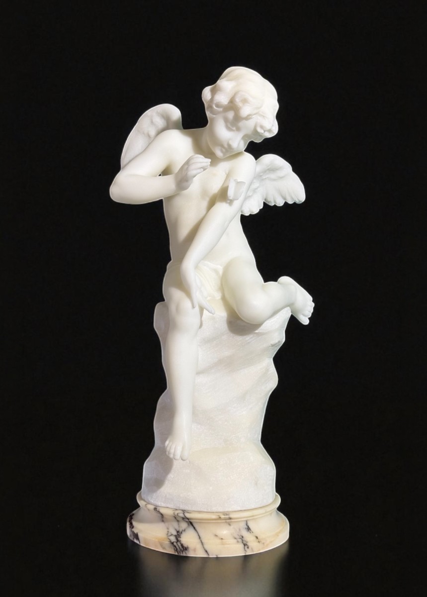 Statue Little Angel Playing With A Butterfly, Carrara Marble, Guglielmo Pugi