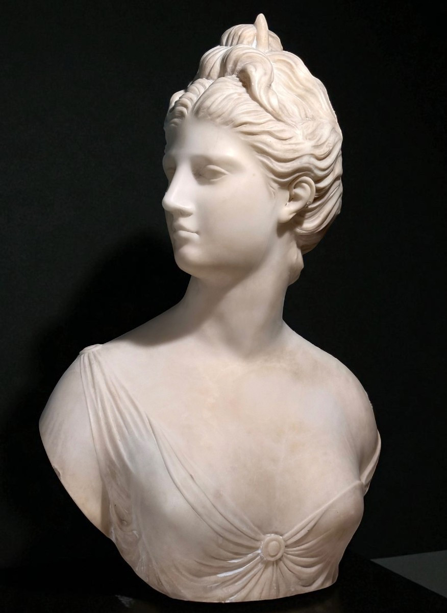 Buste déesse Artémis, d'après Jean-Antoine Houdon, Marbre Blanc statuaire de Carrare 
