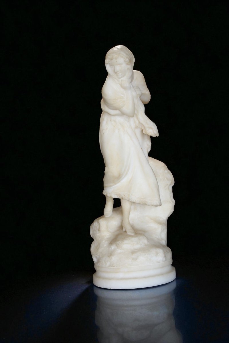 Statue Young Peasant Woman Smiling, Carrara Marble -photo-2