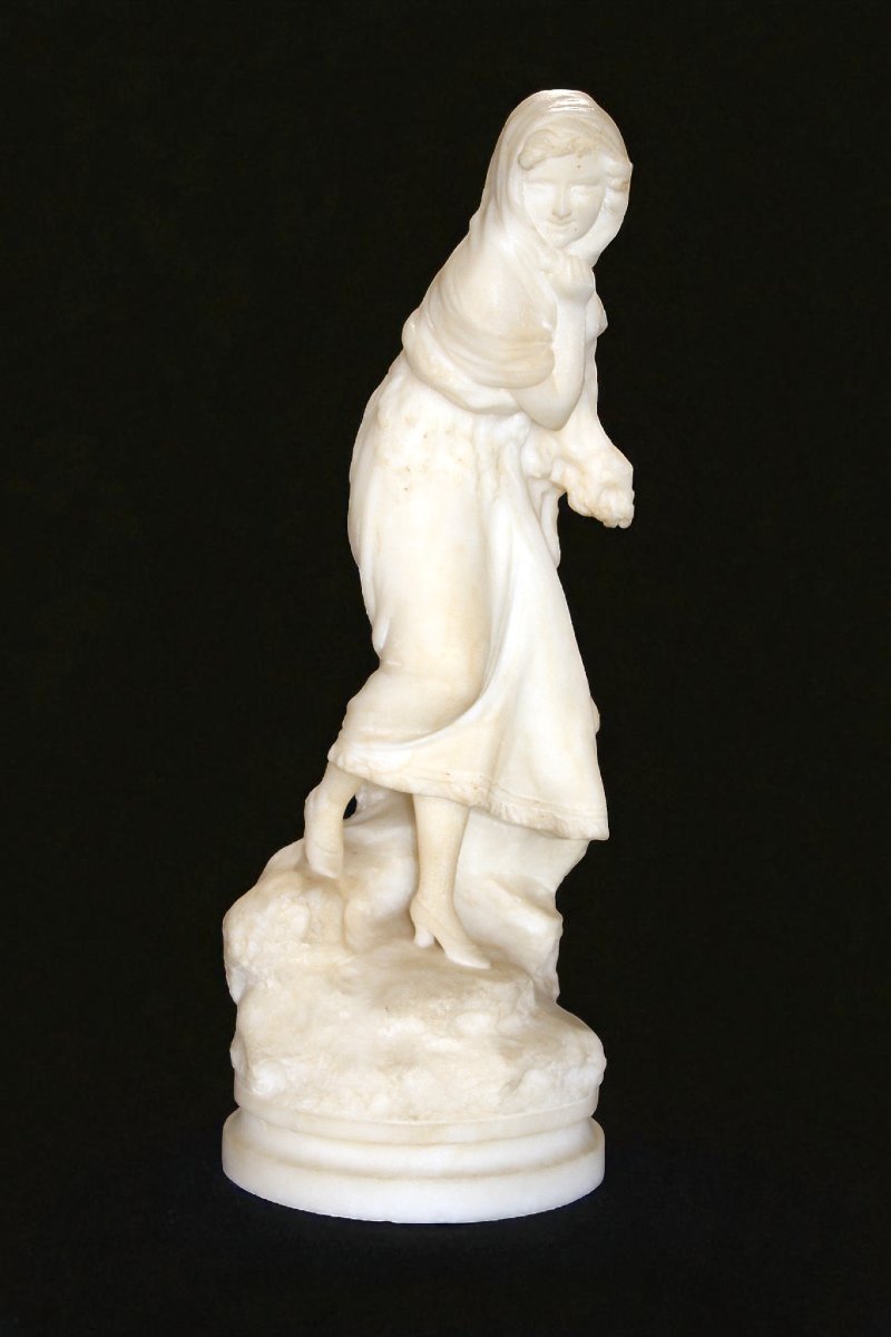 Statue Young Peasant Woman Smiling, Carrara Marble -photo-4