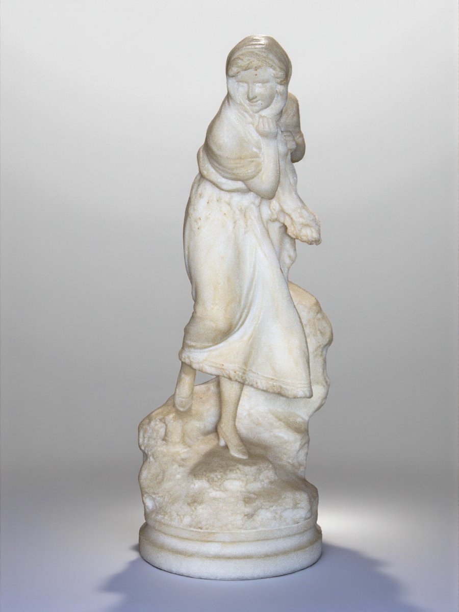 Statue Young Peasant Woman Smiling, Carrara Marble -photo-1