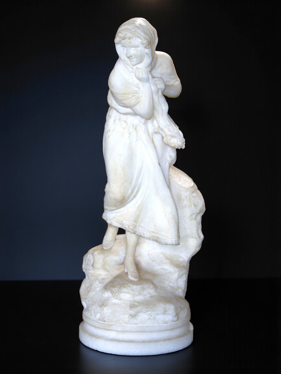 Statue Young Peasant Woman Smiling, Carrara Marble -photo-2