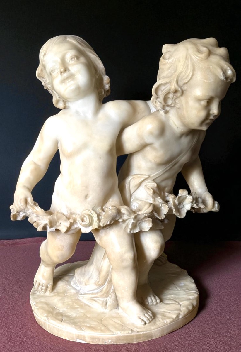 Statue Two Cherubs Holding A Garland Full Of Flowers, Auguste Moreau (1834-1917), Carrara Marbl