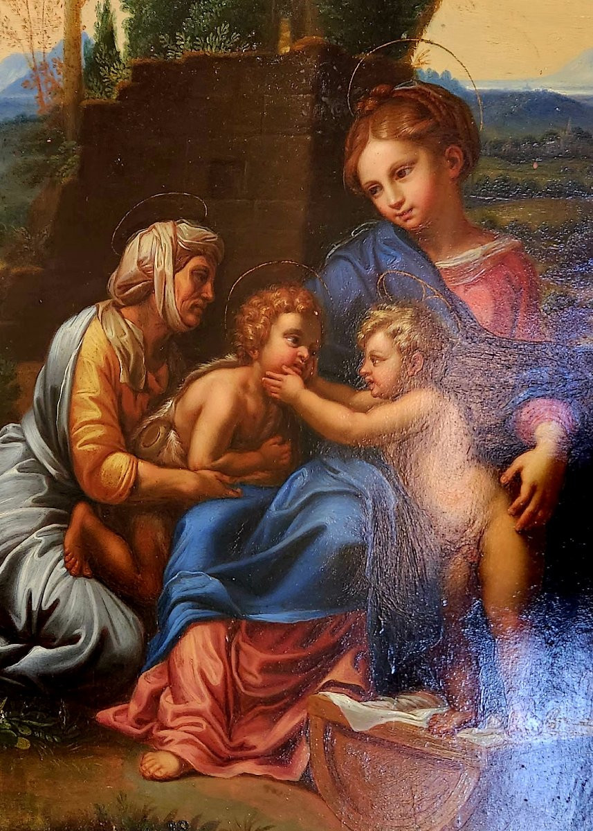 Petite Maternité d'après modèle de Raffaello Sanzio Huile sur panneau de bois XVIII° -photo-1