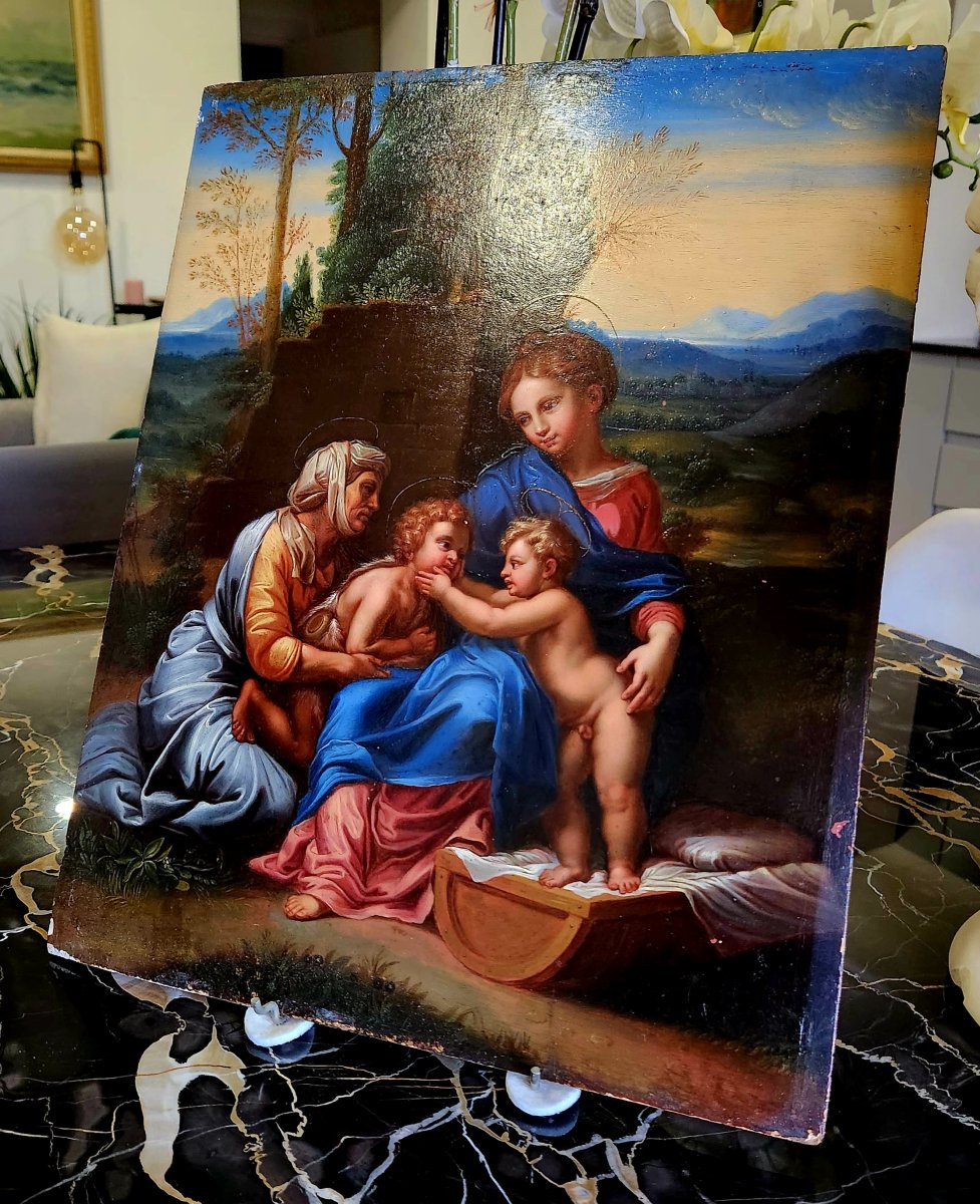 Petite Maternité d'après modèle de Raffaello Sanzio Huile sur panneau de bois XVIII° -photo-3