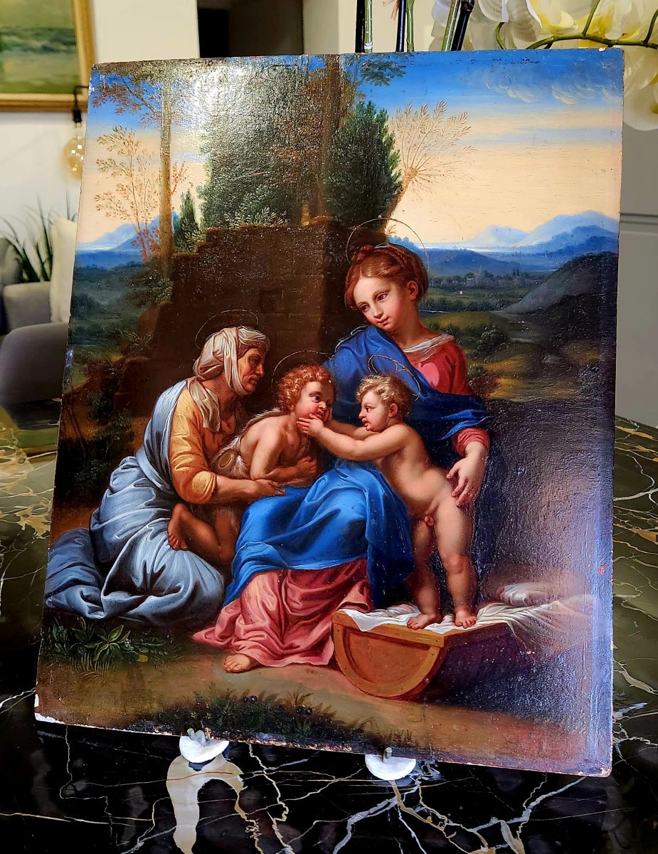 Petite Maternité d'après modèle de Raffaello Sanzio Huile sur panneau de bois XVIII° 