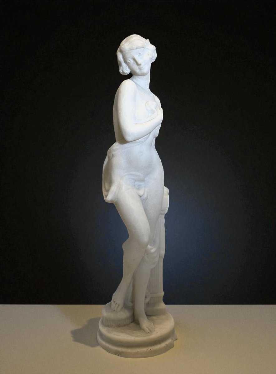 Statue Depicting A Young Girl Naked, Carrara Marble -photo-3