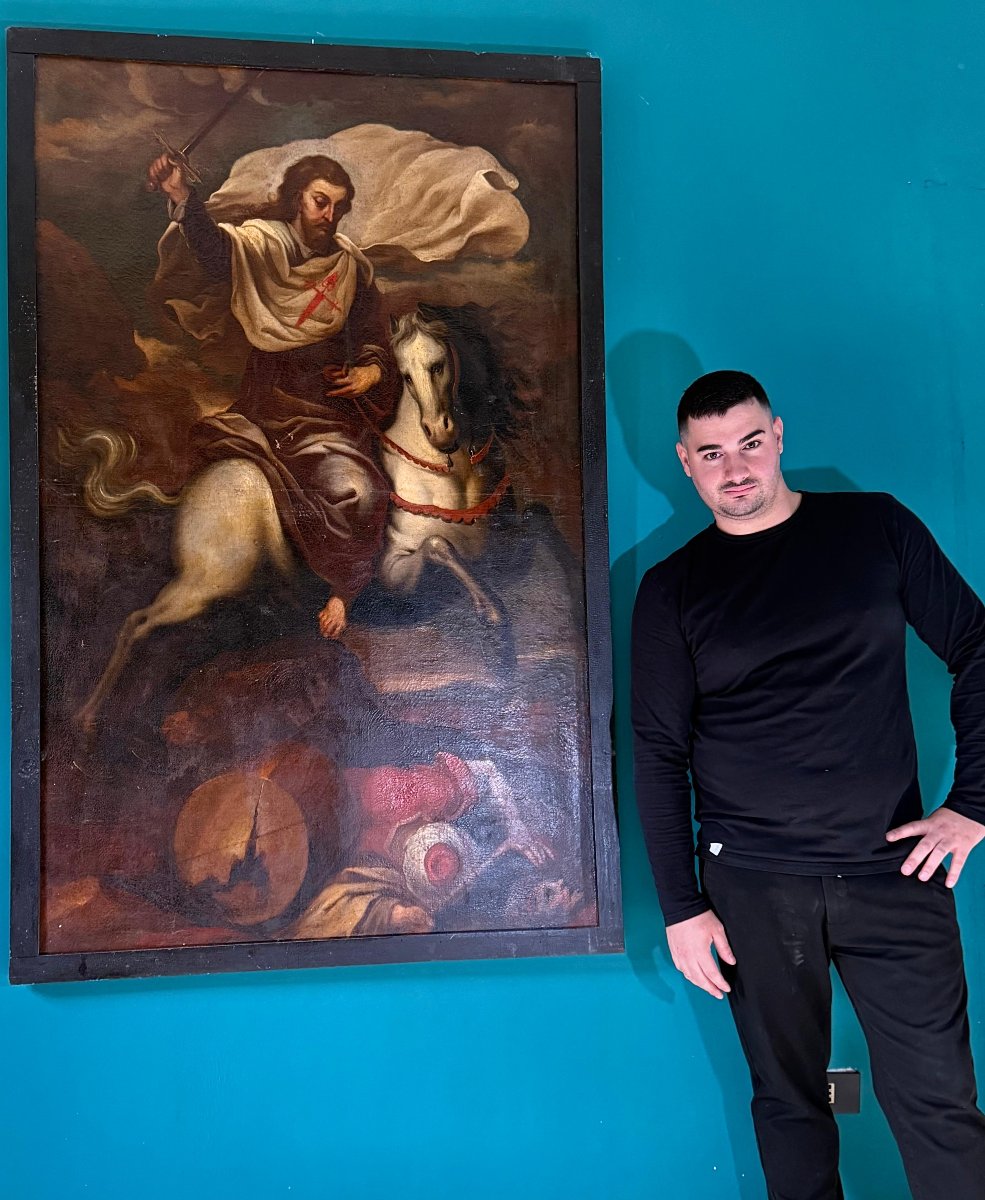 Tableau ancien représentant Saint Jacques le Majeur à cheval XVII° -photo-2